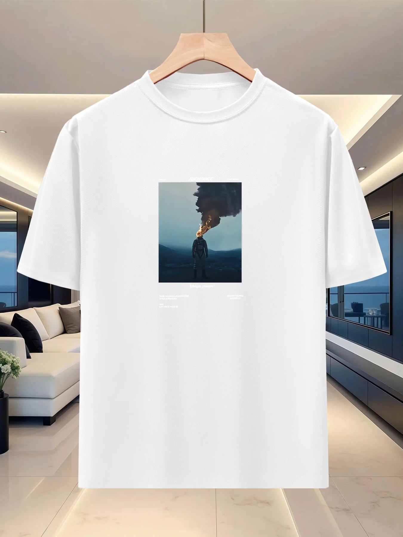Minimalist style men's loose shoulder top for spring and summer travel, trendy art printed casual silhouette T-shirt