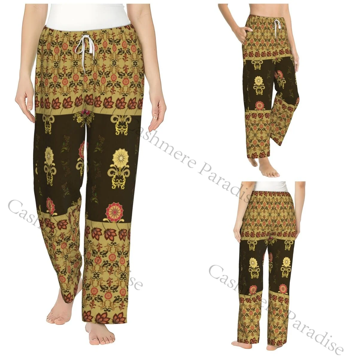 

Golden Baroque Flowers Cozy Flannel Pajama Pants for Women Sleep Bottoms Home Loungewear
