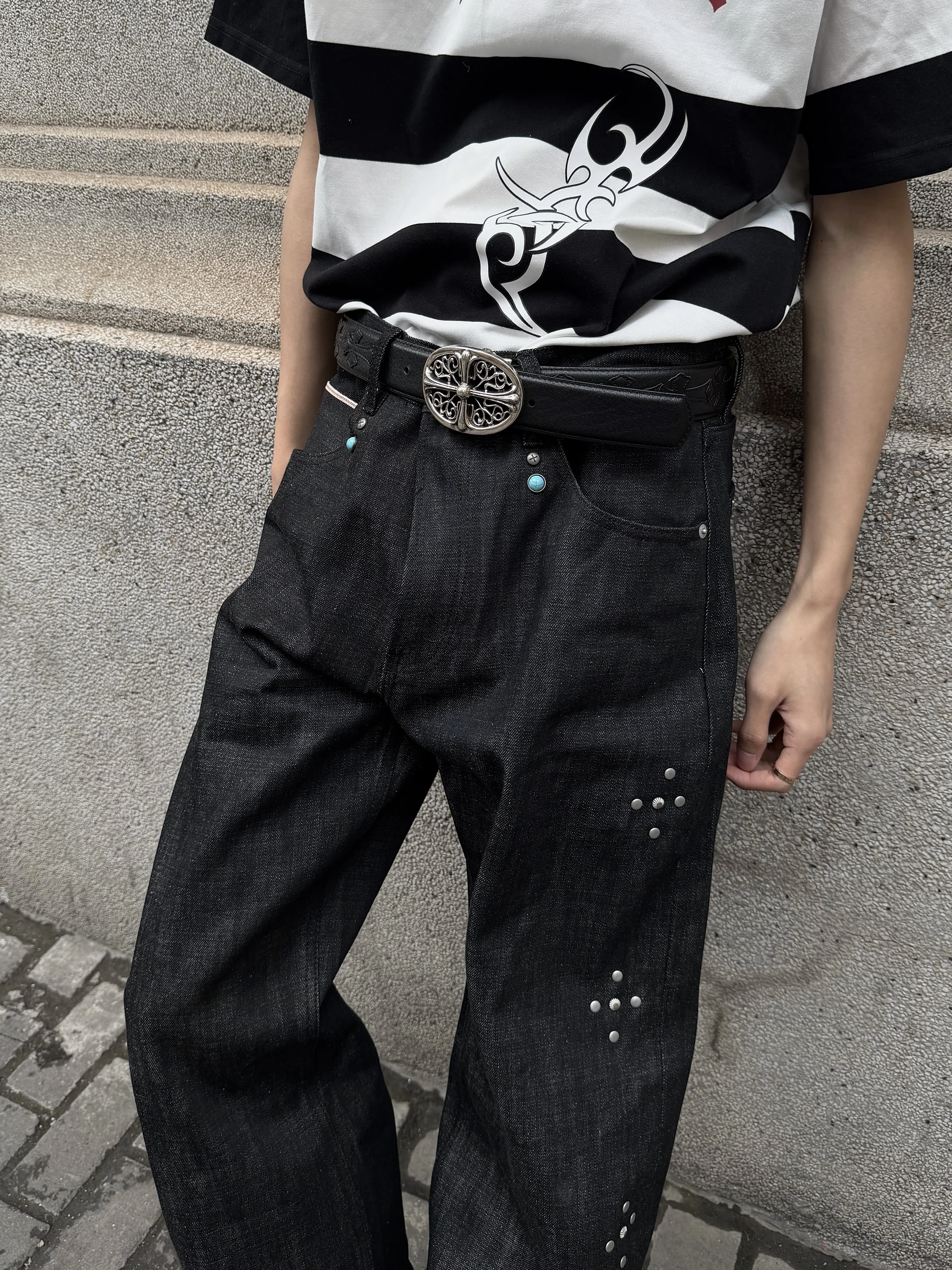 American High Street Retro Original Jeans Narrow Red Ear Heavy Duty Rivet Turquoise Casual Straight Leg Jeans Men's Loose Fit