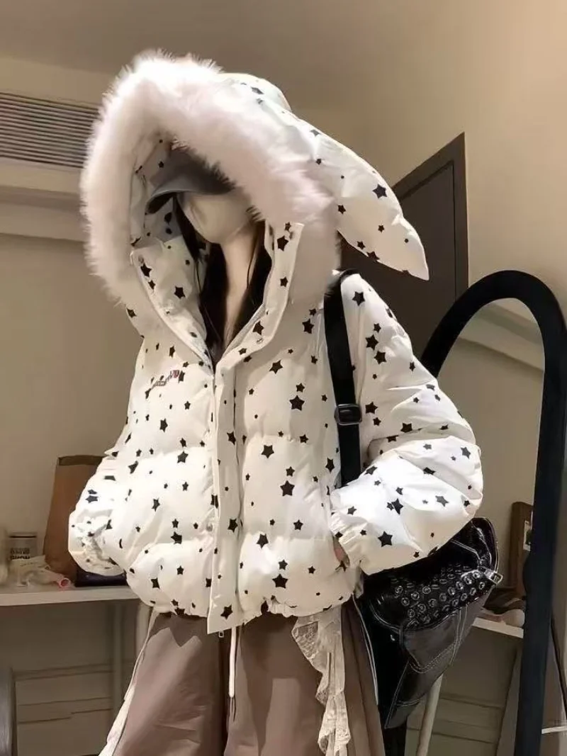 Amerykańska kurtka bawełniana w stylu retro z króliczymi uszami i futrzanym kołnierzem, damska, zimowa, ciepła, designerska, kurtka w stylu koreańskim, urocza kurtka bawełniana na ulicę.