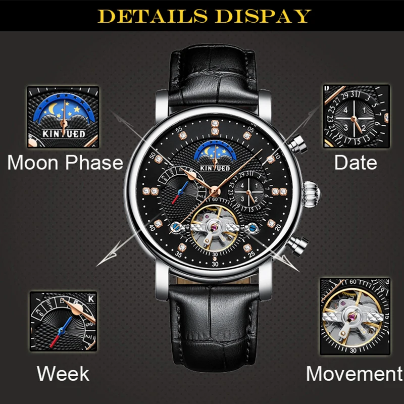 KINYUED Luxury Brand Men Skeleton Automatic Mechanical Watch Moon Phase Multifunction Week Calendar Wrist Watch for Men reloj