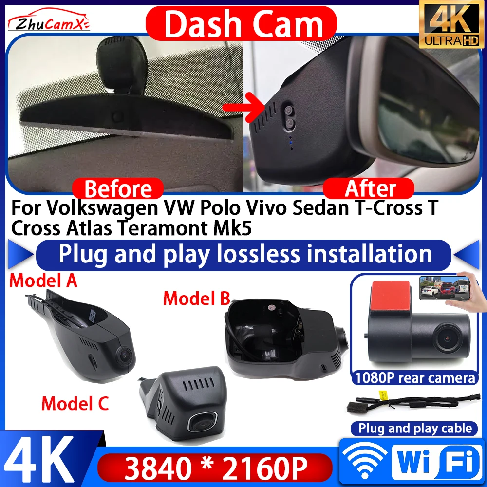 For Volkswagen VW Beetle Coccinelle Maggiolino Fusca Touran Taigun Dash Cam Camera 4K Plug And Play Video Recorder 170° Wide