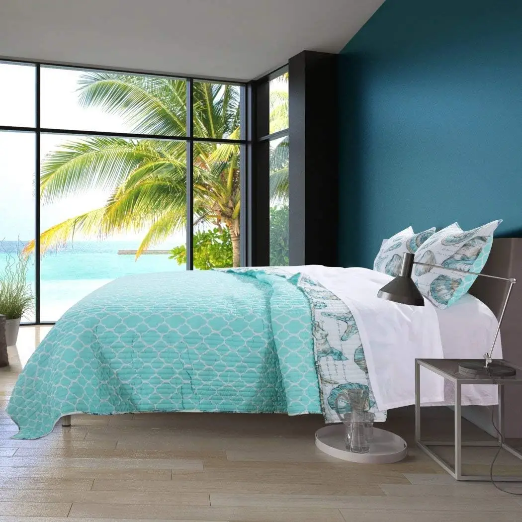 

Piece White Teal Beach Theme Quilt Full Queen Set, Bright Ocean Coastal Bedding Seashells Dreamy Poetic Phrases Seaside Fishnet