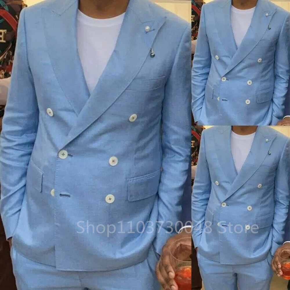 

2-х предметный светло-голубой льняной мужской костюм, пляжные свадебные костюмы, летний облегающий льняной костюм для жениха, для свадебной вечеринки, выпускного вечера (пиджак + брюки)