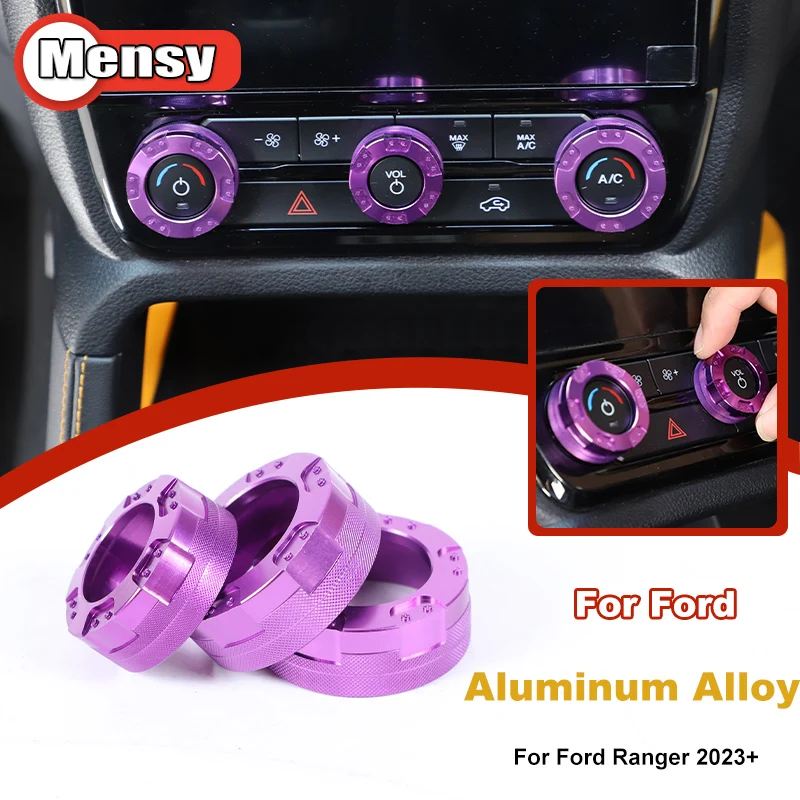 

For Ford Ranger 2023+ car volume air conditioner knob ring Aluminum Alloy Interior Accessories 3 Pcs