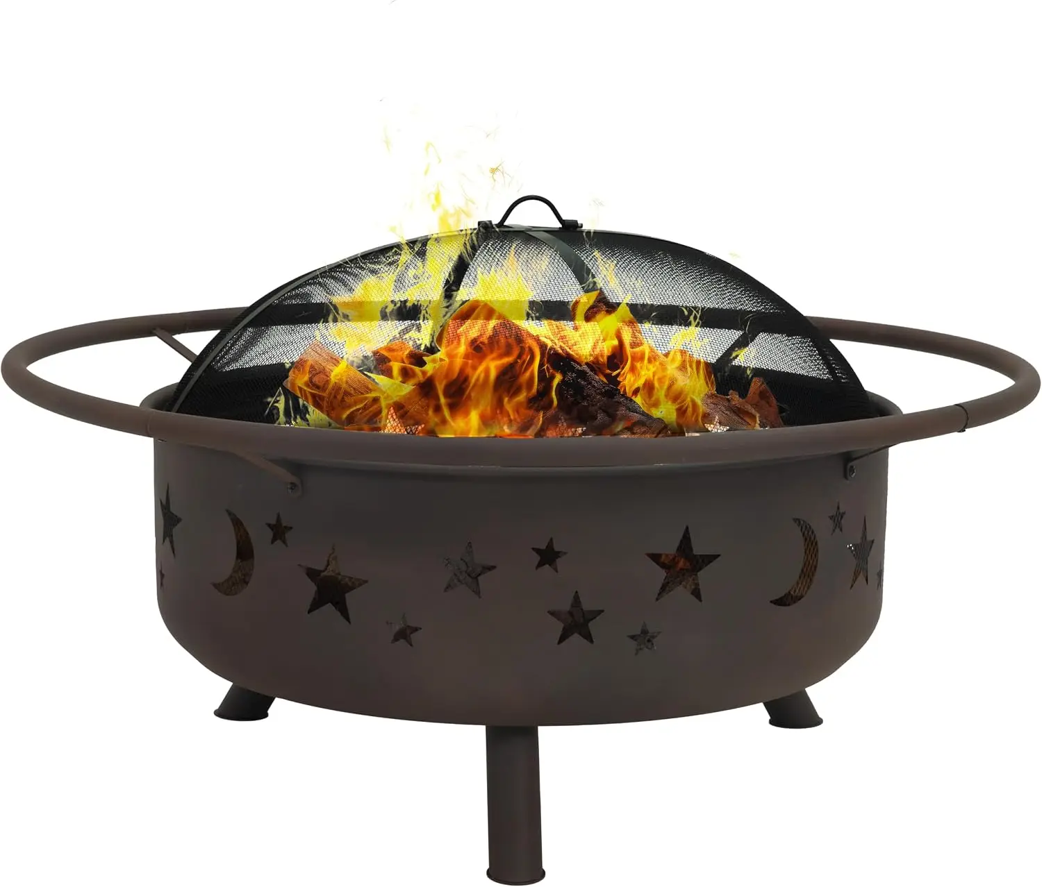 Outdoor Wood Burning Fire Pit, Heavy Duty Round Steel Firepit, Patio Backyard Bonfire Bowl, Portable Camping Heating Stove, With Spark Screen Poker And Cooking Grate, Bronze Finish