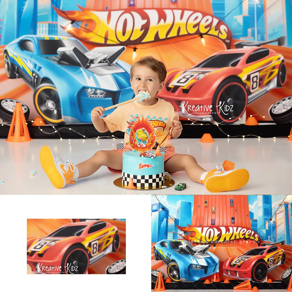 Hot Rod Race Track Backdrops Kids Baby 1st Boy Birthday Cake Smash Photocall Decors Racing Car Cake Smash Backgrounds