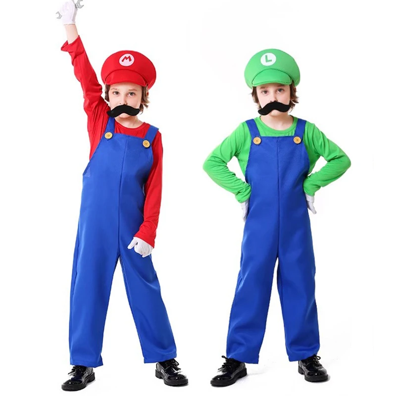 Mario Luigi Costume Boys Super Mario Bros Cosplay Jumpsuit Bodysuit Hat Beard Suit Halloween Costumes