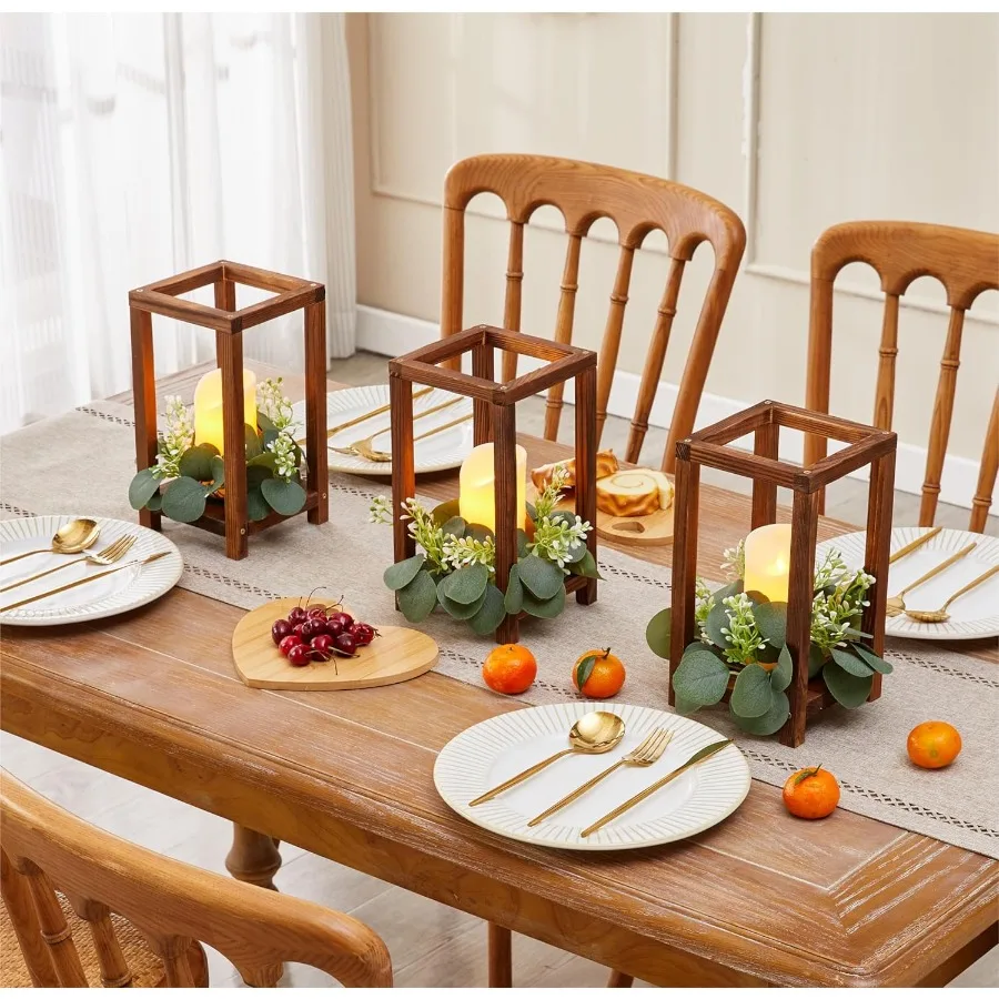 Juego de 48 Uds. De 16 farolillos de boda, centro de mesa para decoración de mesa con portavelas de madera, velas LED sin llama y eucalipto