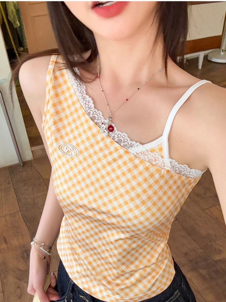 

2025 New Advanced Short Korea Style Slim Plaid Off Shoulder Skew Collar Short Vest Y2K Niche Design Sense Fashion Top