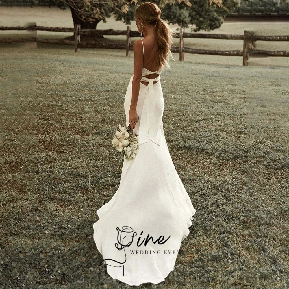 Oine Customized Simple Mermaid White Wedding Dresses Spaghetti Straps High Slit Satin Backless Bridal Gown Sweep Train Vestidos