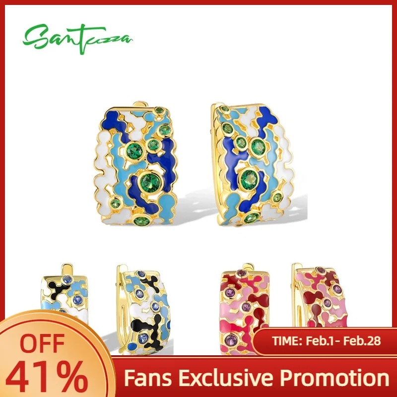 

SANTUZZA Pure 925 Sterling Silver Clip Earrings For Women Sparkling Mosaic Style Enamel Party Wedding Gifts Trendy Fine Jewelry