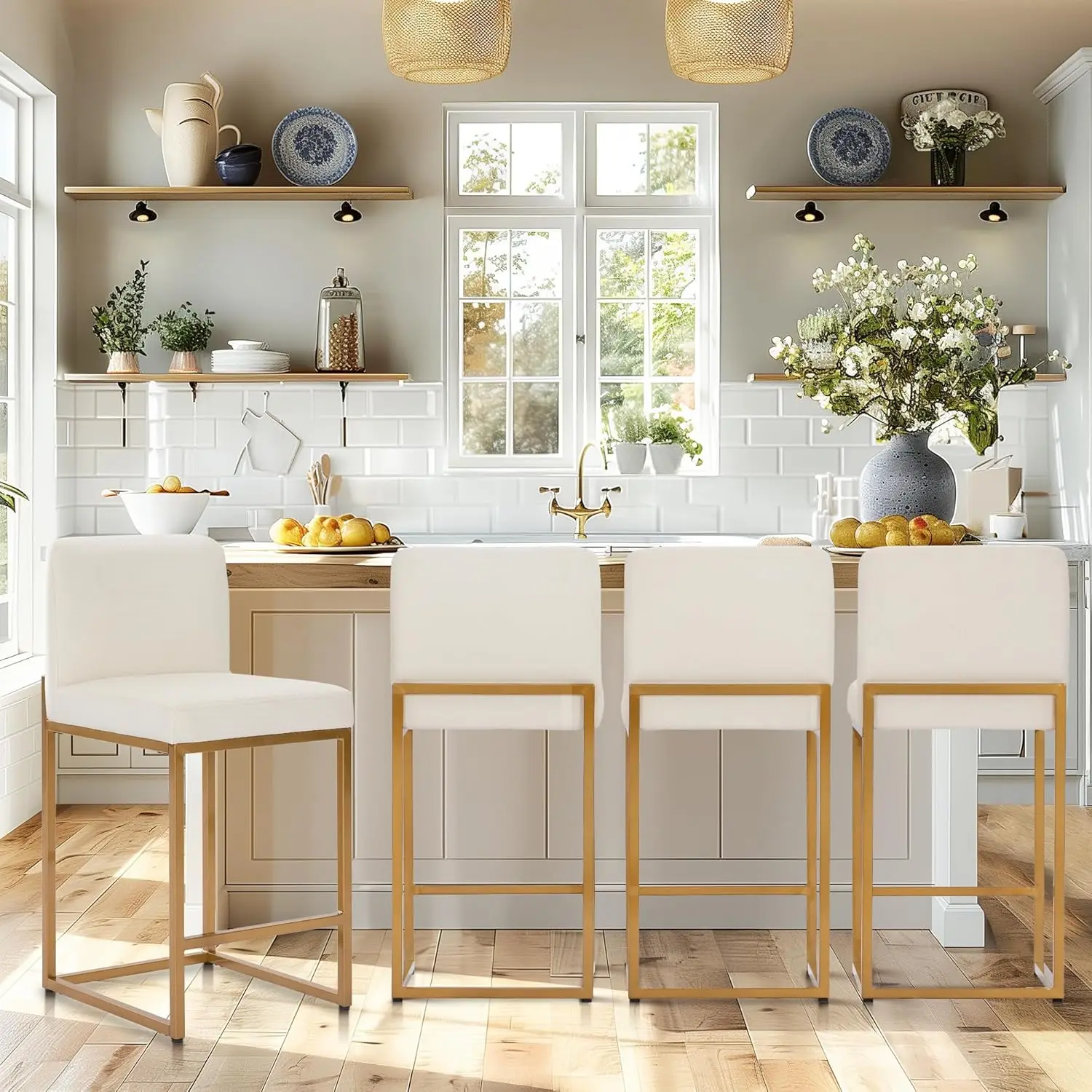 

Набор из 4 барных стульев – высокие стулья для кухонной стойки, кожаные стулья для барной стойки, белые и золотые барные стулья, с возможностью индивидуального заказа