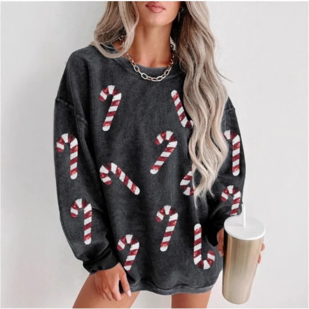 

Womens Christmas Sweater Fashion Clothes Candy Crew Neck Long Sleeve Pullover Knit Tops Party Clothing Streetwear Hoodies