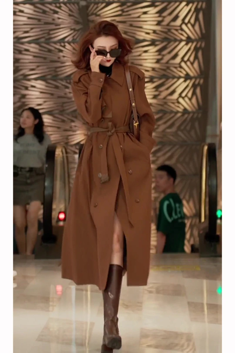 

2023 Autumn New French Vintage Hepburn Style Small Mid Length British Style Coffee Trench Coat Women's Wear