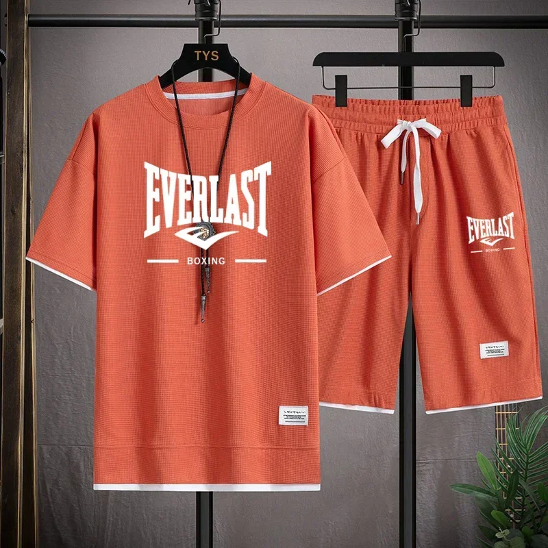 

2025 New summer fashion breathable top + men's quick-drying shorts casual two-piece set, men's outdoor fitness wear
