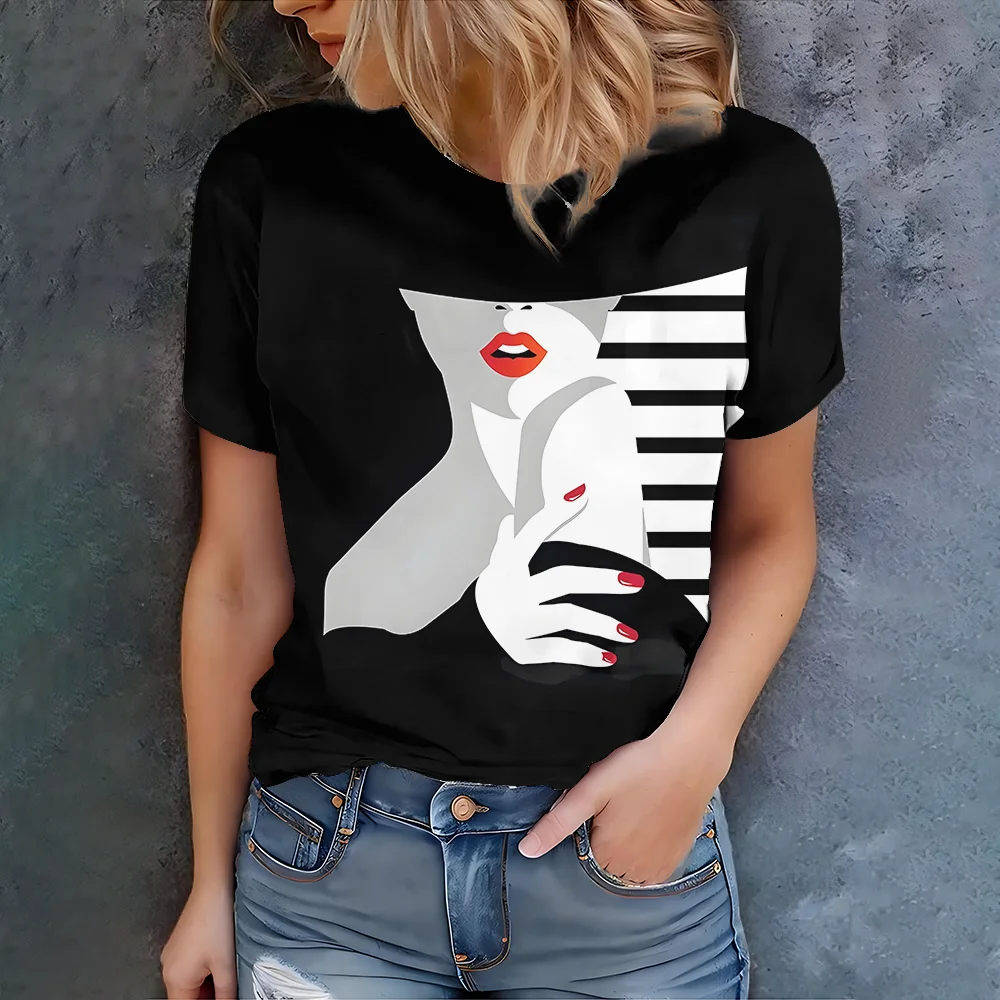 

Female personality summer hot selling short sleeved top women's street casual 3D printed artistic elegant face pattern T-shirt