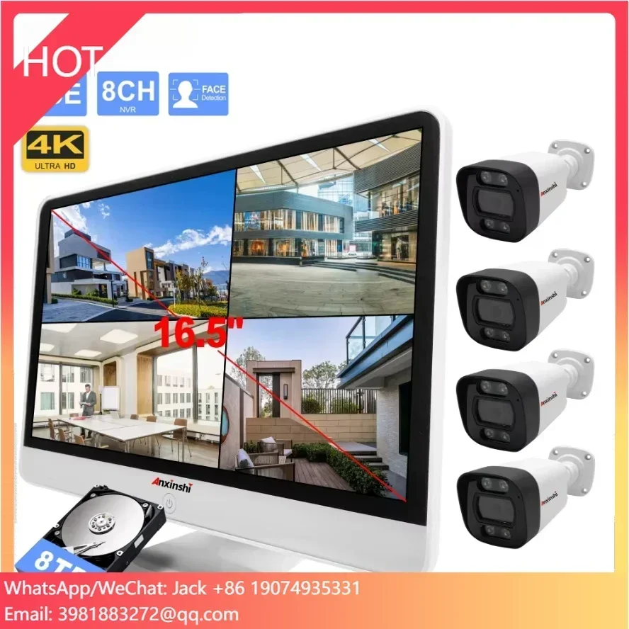 

Smart 4K 8CH Home Security Camera System 4pcs 8MP IP POE Camera with Person/Pet/Vehicle Detection 16.5inch NVR LCD Large Screen