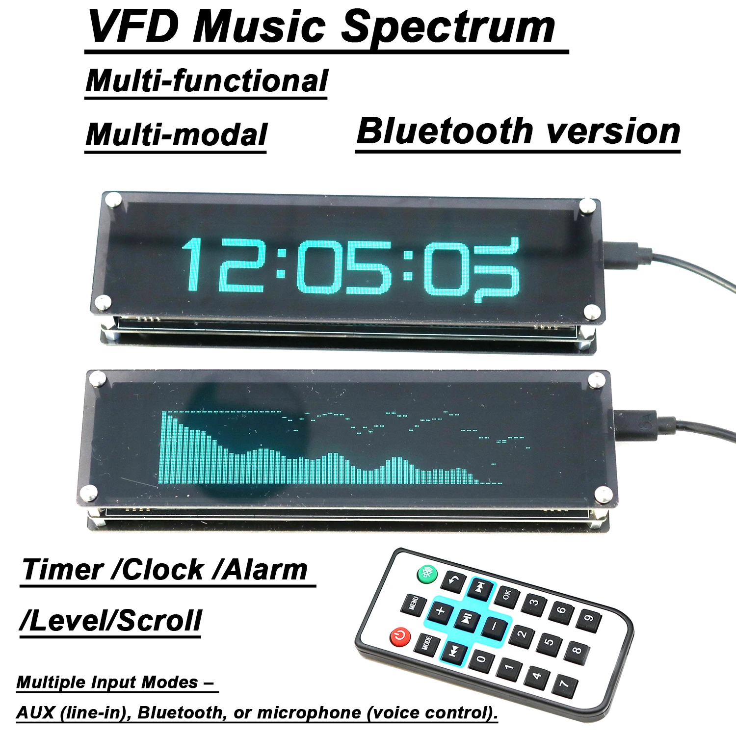 Relógio VFD com Espectro Musical Bluetooth, Display Fluorescente a Vácuo, Temporizador, Alarme, Medidor de Nível de Áudio, Analisador 5V-12V para Carro