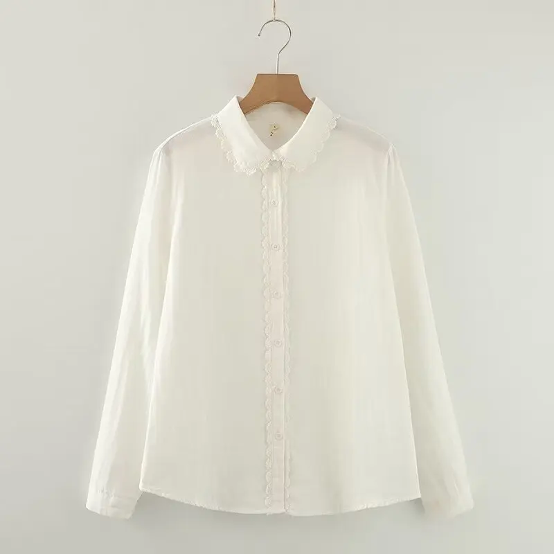 Spring New Women Double-layer Cotton White Shirts Full Sleeve Peter Pan Collar Loose Casual Soft Lace Blouse Office Lady T33003X