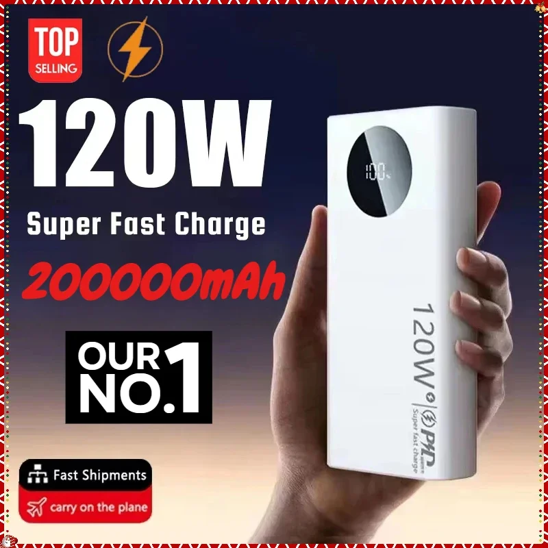 

120W 200000mAh High Capacity Power Bank Super Fast Charging Powerbank Portable External Battery Charger ForiPhone Samsung Xiaomi