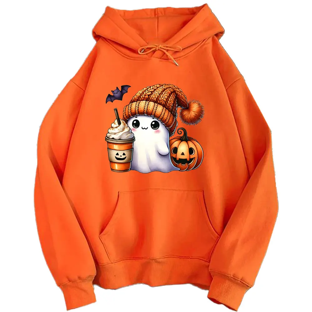 

Halloween Orange Hoodies Kawaii Ghost Halloween Ladies Long Sleeve Sweatshirt Cute Halloween Bat Print Autumn and Winter Hoodie