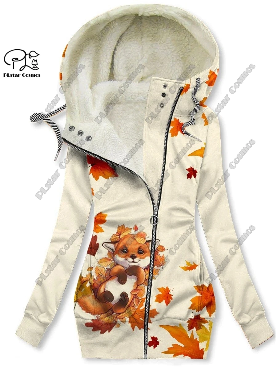 New 3D printed animal series cute fox pattern velluto warm women's long zipper hoodie coat pendolarismo casual winter