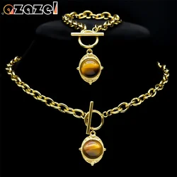 2PCS Stainless Steel Vintage Tiger Eye Stone Jewelry Set for Women Stainless Steel Gold Color Necklace Bracelet Sets NZZZ442-5