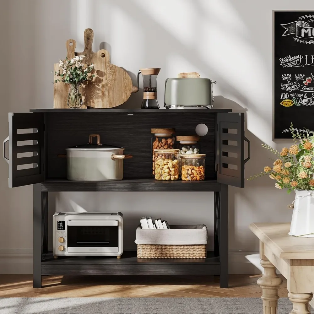 Black Console Table with Charging Station, 35.4 L x 17.7 D x 31.49 H Coffee Bar Cabinet with Storage, Sideboard Buffet Cabinet