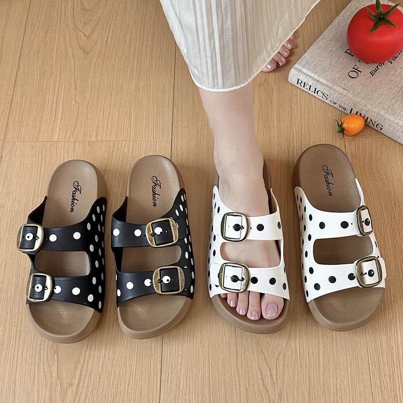 Women's Comfortable Wave Dot Double Buckle Strap Style Thick Sole Mid Heel Slippers Women Vintage Fashionable Sandals Summer New