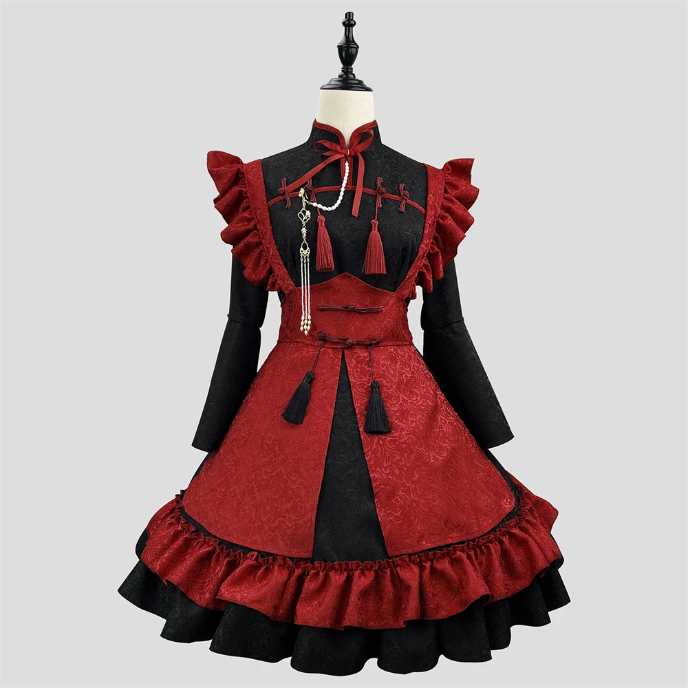 

Chinese Red Black Relief Jacquard Lolita Maid Dress Girl Anime Cosplay Uniform Outfit Halloween Themed Party Roleplaying Costume