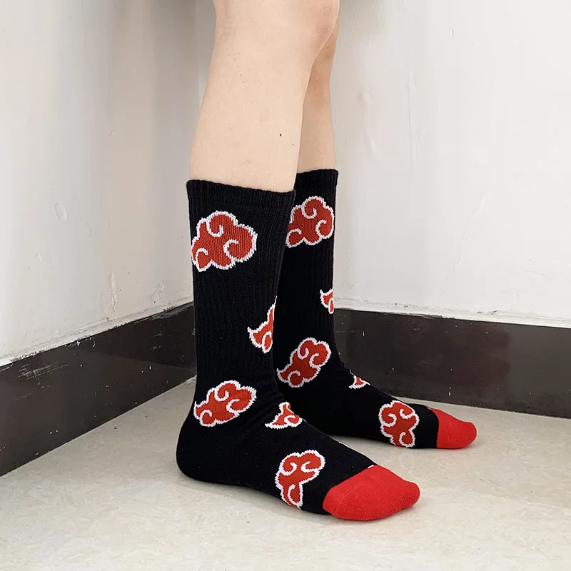 Anime Naruto Sport Long Socks for Men Women Cartoon Akatsuki Red Cloud Action Figure Casual Elastic Harajuku Stockings Toys Gift