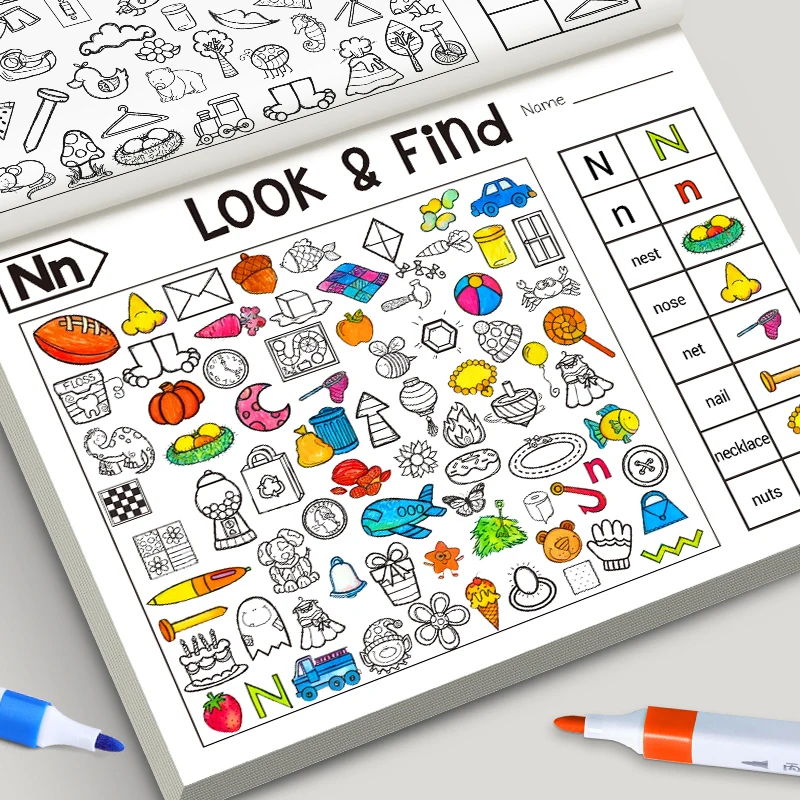 Jogo de pesquisa infantil para itens, melhora a percepção visual, livro para colorir divertido, foco e atenção, livro de exercícios de escrita