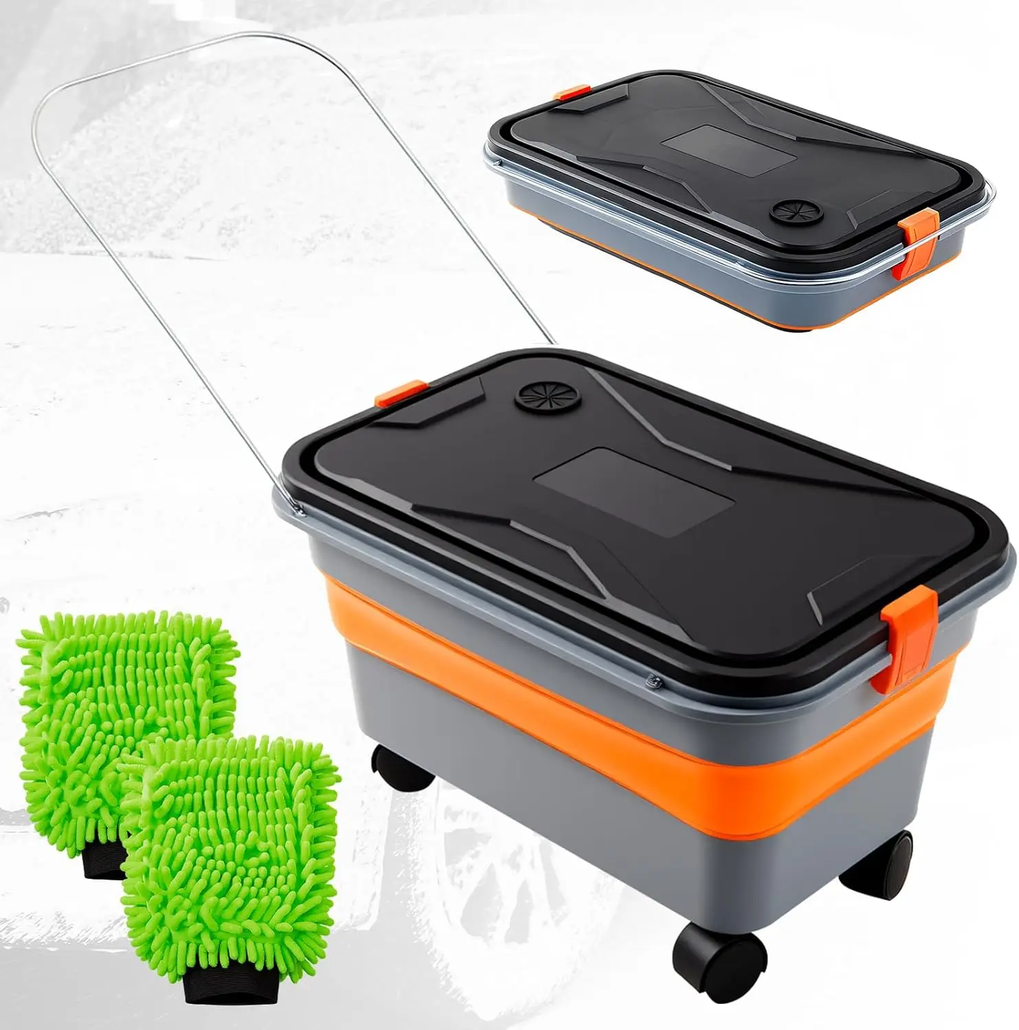 

3 Pack Collapsible Bucket 5.5 Gallon for Car Washing, Include 1 Car Wash Bucket with Wheels and Handle, 2 Mitt Microfiber