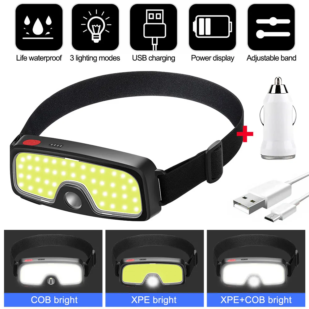 

10W COB+XPE LED Headlight USB Rechargeable Headlamp 3 Gears Strong Light with Electric Display Fishing Headlight Camping Light