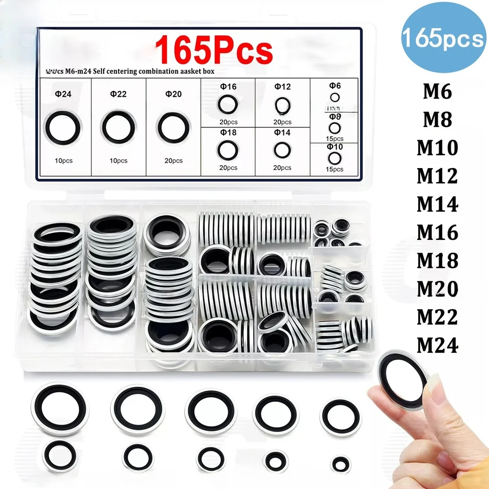 

165pcs Self Centering Combination Washer Kit M6-M24 Zinc Plated Steel Bonded Sealing Ring Kit O-rings Seals Gasket Washer