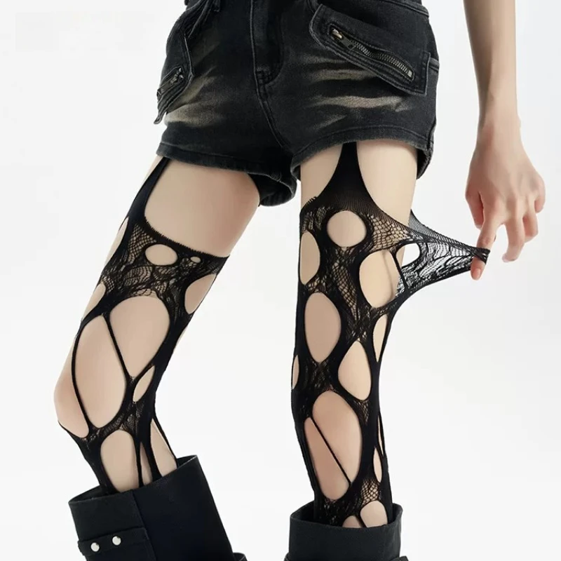 Women Y2K Punk Garter Straps Ripped Pantyhose High Elastic Sexy Irregular Holes Lace Fishnet Tights for Club Party Streetwear