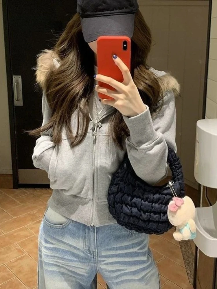 Y2k vintage pele do falso hoodie feminino casual cinza gola removível jaqueta moda recortada zip up moletom outono inverno topos novo