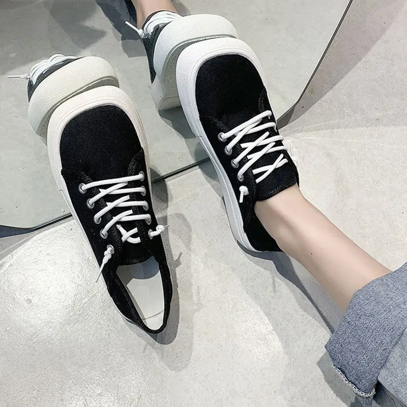 New Square Toe Leopard Print Canvas Shoes Women\'s Spring Summer Sneakers Woman Vulcanized Sports Shoes Houndstooth Zebra Sneaker