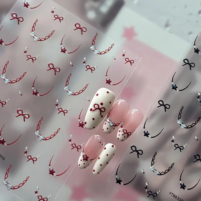 *Nail Stickers French Lace Cute Bow Stars 3D Self Adhesive DIY Nail Art Decals for Women Festival Manicure Use