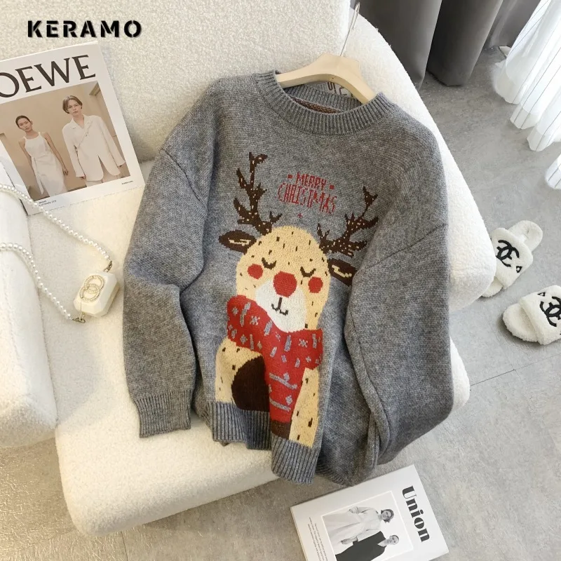 2023 Winter Casual Knitting Long Sleeve Animal Print Pullovers For Women Chirstmas Vintage Loose Fit Knitwear Sweater Top