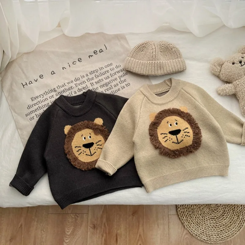 MiniAinis Autumn Winter Baby Thickened Lion Round Neck Top Girls Knitted Warm Sweater Boys Cartoon Clothes Children Clothing