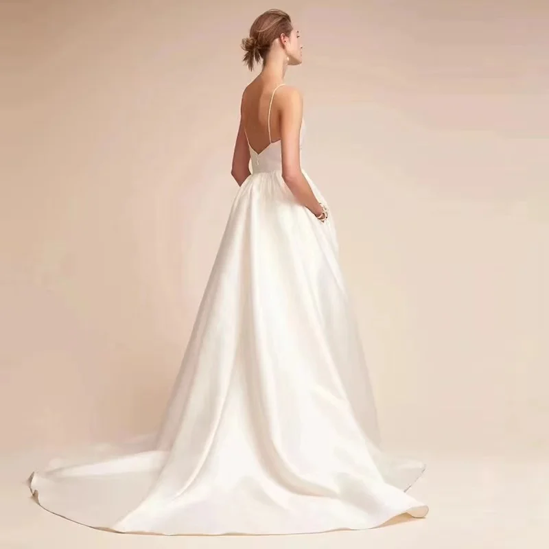 Sexy cetim vestidos de casamento, cintas de espaguete, uma linha vestidos nupciais, sem mangas, andar de comprimento, vestido simples