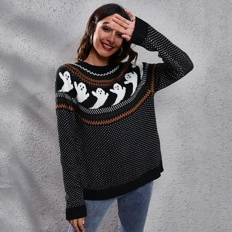 Autumn Winter Knitted Sweater Halloween Skull Graphic Knitwear Retro Vintage 90s Long Sleeve Women\'s Pullover Top Y2K Clothes