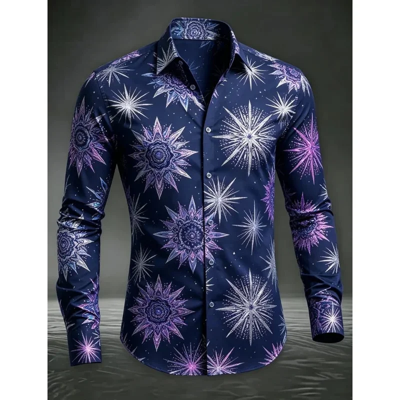 Men's 3D Mandala printed long sleeved lapel shirt, for evening events, music festivals, and mysterious bohemian style dressing
