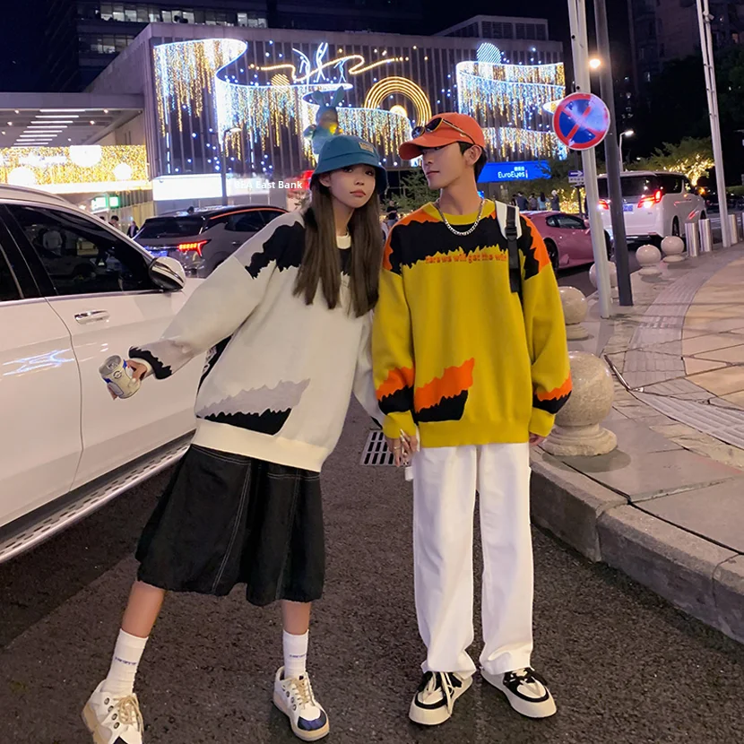 

Oversize Couple Knitted Sweater round Ne American High Street Sle Spring Autumn Loose Fit Knitwear Casual Printed Top