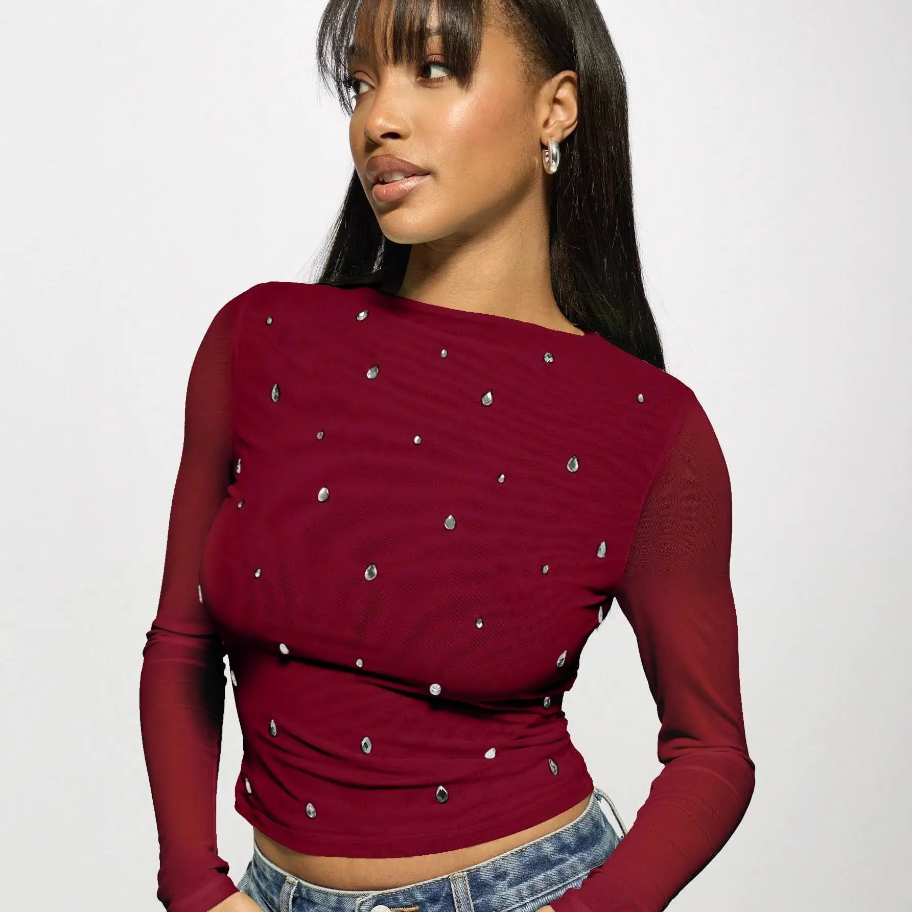 Elegant Long Sleeve Double Layer Mesh Rhinestone Fashion Ladies Bottoming T-Shirt Spring Autumn New Arrival Cross Border