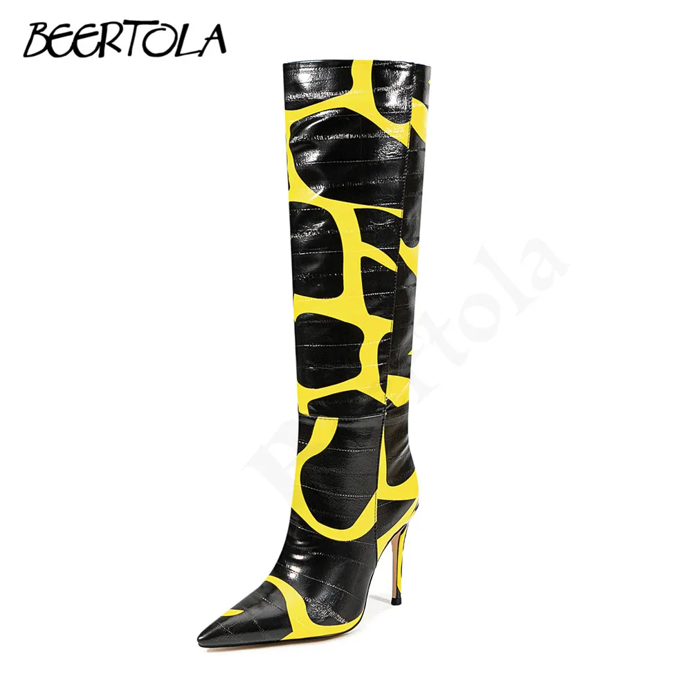 Black and Yellow Color Matching Knee-High Boots Pointed Toe Stiletto Heels Side Zipper Sexy Long Boots Temperament Women's Boots