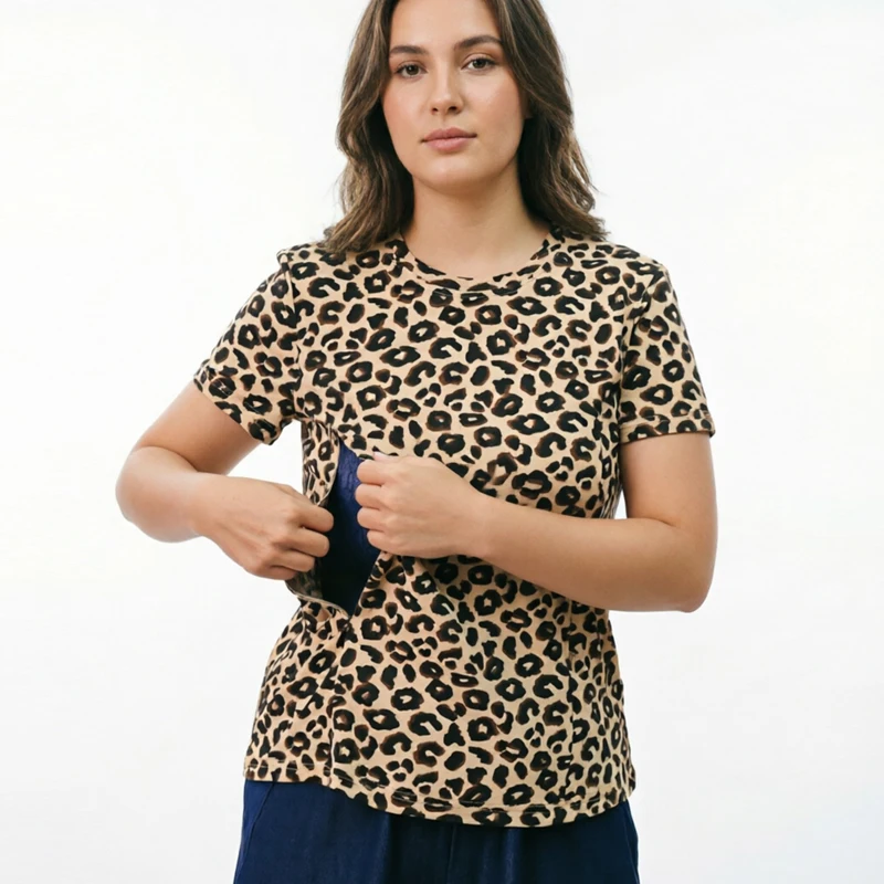 Vintage Leopard Maternity Nursing Tee Crew Neck Side Zipper Breastfeeding Short Sleeve Loose Pregnancy Casual T Shirt
