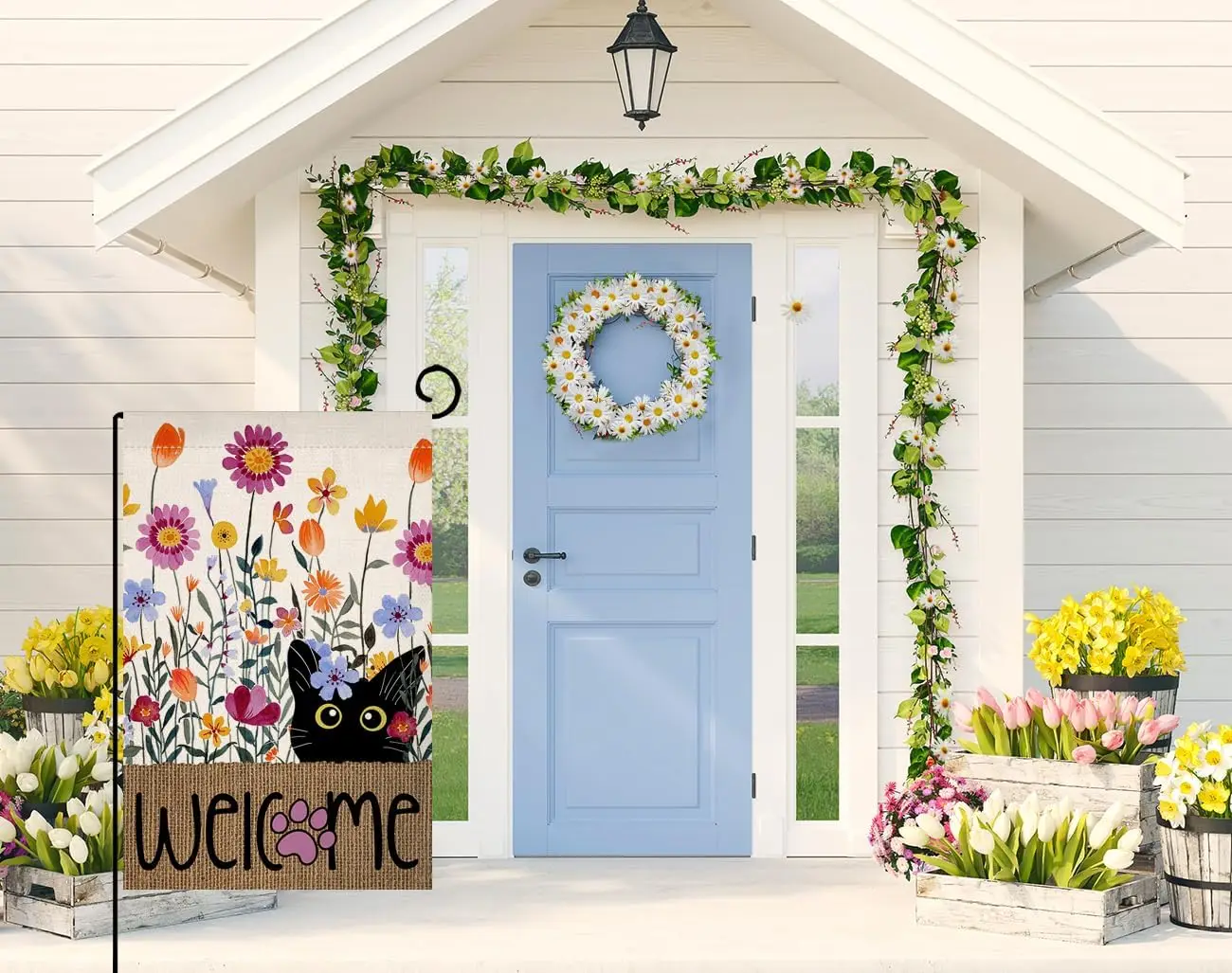 BLKWHT Spring Cat Flowers Garden Flag 12x18 Vertical Double Sided Purple Flowers Summer Farmhouse Holiday Outside Decoration PPM